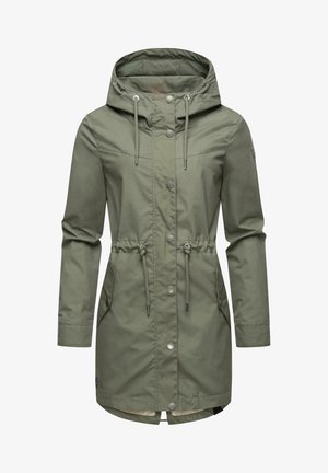Green hooded women's raincoat with front snaps, adjustable waist drawstrings, flap pockets, and long sleeves.