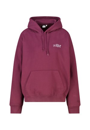 Bordeauxrode hoodie met voorzak en een kleine witte hart- en vleugelprint op de linkerborst, trekkoorden aan de capuchon.