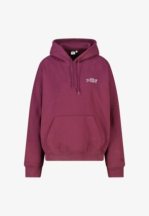 Bordeauxrode hoodie met voorzak en een kleine witte hart- en vleugelprint op de linkerborst, trekkoorden aan de capuchon.
