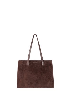 Brown rectangular suede tote bag with two narrow shoulder straps against a white background.