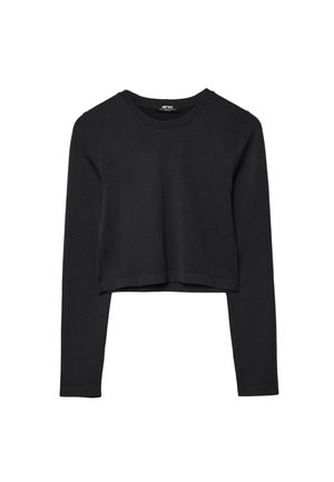 Černý dlouhý rukáv cropped top s kulatým výstřihem, jednoduchý design a mírně zaoblený lem.