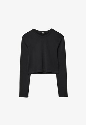Black long-sleeve cropped top with round neckline, plain design, and a slightly curved hem.