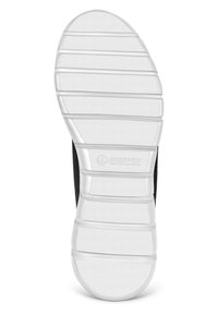 Schwarzer Sportschuhsohle mit einer strukturierten weißen Gumm-Oberfläche, die horizontale Rillen und ein eingeprägtes Logo in der Nähe der Ferse aufweist.