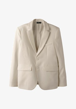 Beiger einreihiger Blazer mit Kerbkragen, zwei aufgesetzten Taschen vorne, einer Brusttasche mit Paspel und zwei Knöpfen vorne.
