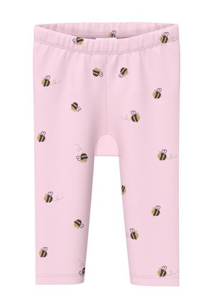 Rosa Kinderleggings mit verstreuten Cartoon-Bienen und gestrichelten Flugwegen als Muster auf dem Stoff.