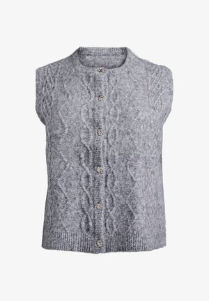 Hallhall, ilma varrukat kudumine vest, millel on tekstuuriga nööride muster, viis dekoratiivset nuppu ja soonikkoes äär. Pehme villa segu materjal.