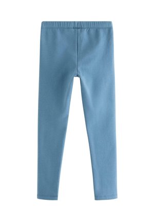 Enkle blå leggings i fuld længde med en tætsiddende elastisk talje, vist bagfra mod en hvid baggrund.