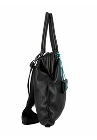 Zwarte leren tas met een gestructureerd oppervlak, voorzien van een trekkoordsluiting, dubbele handvatten en een turquoise accentlus. Inclusief verstelbare schouderband.