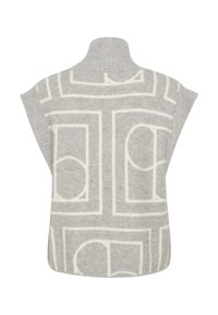 Szürke gyapjú keverék ujjatlan garbó pulóver geometrikus krémszínű mintákkal és enyhén cropped szabással, bordázott részletekkel.