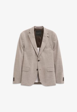 Hellgrauer Blazer aus strukturiertem Stoff, mit zwei frontalen Taschen, einer Brusttasche, eingekerbten Revers und drei Knöpfen an jedem Ärmel.