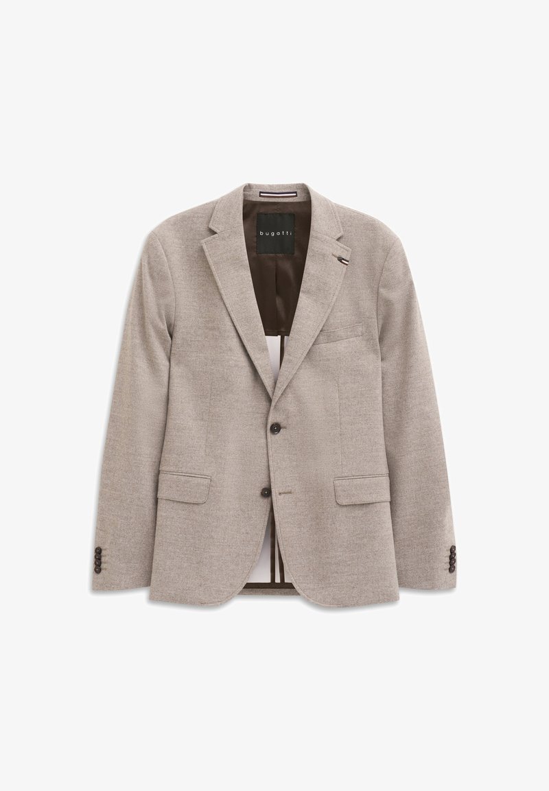 Hellgrauer Blazer aus strukturiertem Stoff, mit zwei frontalen Taschen, einer Brusttasche, eingekerbten Revers und drei Knöpfen an jedem Ärmel.