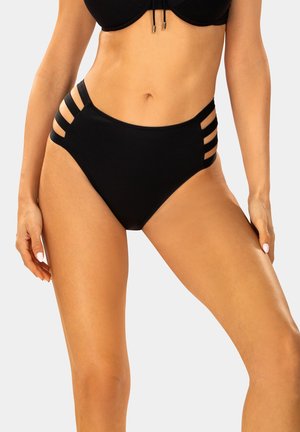 Czarny bikini o wysokim stanie z pionowymi wycięciami po bokach, wykonany z elastycznego materiału, o gładkiej fakturze.