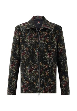 Black zip-up jacket with dark floral pattern in red, green, and yellow tones, featuring a collar and long sleeves.