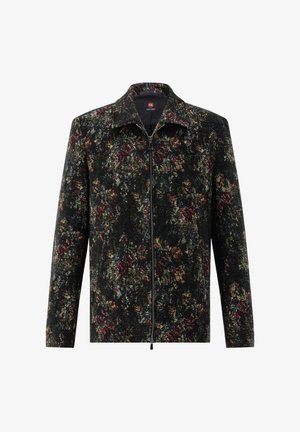 Schwarze Jacke mit Reißverschluss und dunklem Blumenmuster in Rot-, Grün- und Gelbtönen, mit Kragen und langen Ärmeln.