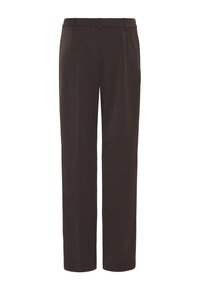 Pantalons marron foncé à taille plate avec une coupe droite. Fabriqués dans un tissu lisse avec passants de ceinture et poches latérales.