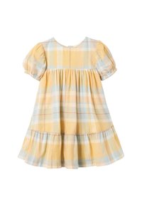 Abito a quadri giallo e blu con maniche a palloncino, vita arricciata e gonna a strati. Tessuto leggero con una texture morbida. Chiusura sul retro.