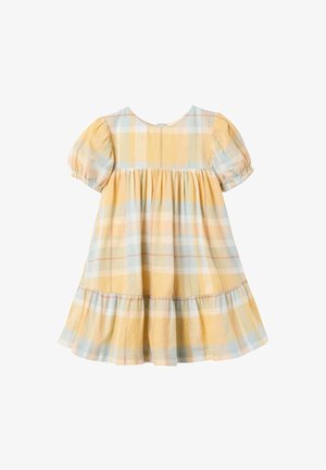 Abito a quadri giallo e blu con maniche a palloncino, vita arricciata e gonna a strati. Tessuto leggero con una texture morbida. Chiusura sul retro.