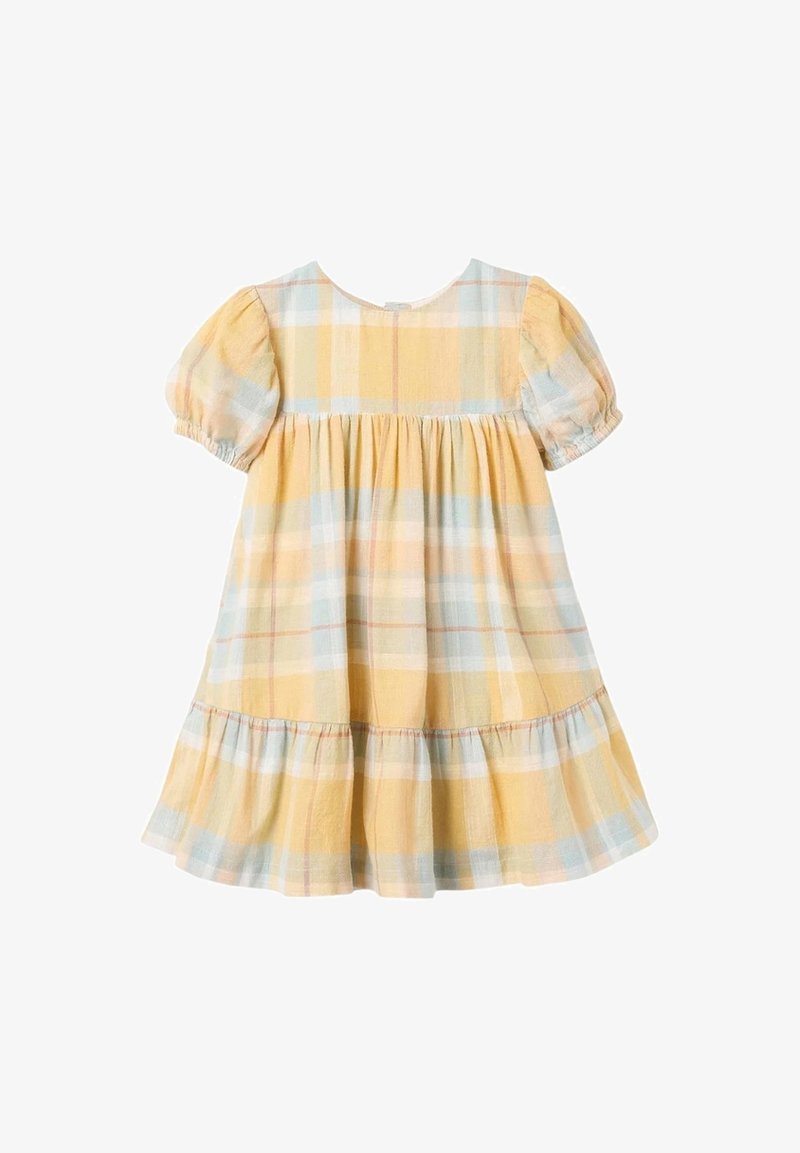 Abito a quadri giallo e blu con maniche a palloncino, vita arricciata e gonna a strati. Tessuto leggero con una texture morbida. Chiusura sul retro.