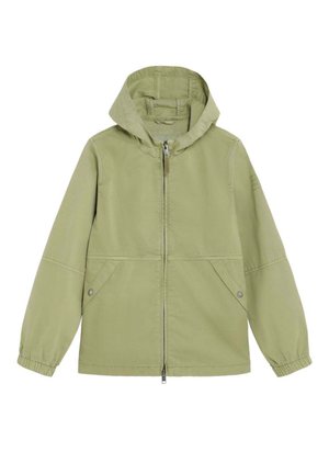 Chaqueta con capucha de color verde claro con cremallera frontal, dos bolsillos con cierre de botón a presión y puños elásticos en las mangas largas.