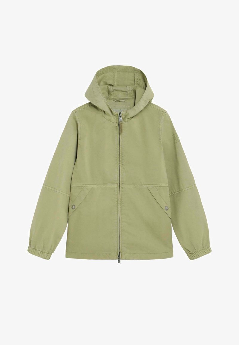 Giacca verde chiaro con cappuccio, chiusura frontale con cerniera, due tasche con bottoni a pressione e polsini elasticizzati sulle maniche lunghe.