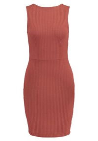 Robe sans manches côtelée de couleur terre cuite. Silhouette ajustée avec encolure ronde, longueur au genou et texture lisse. Pas de fermetures visibles.