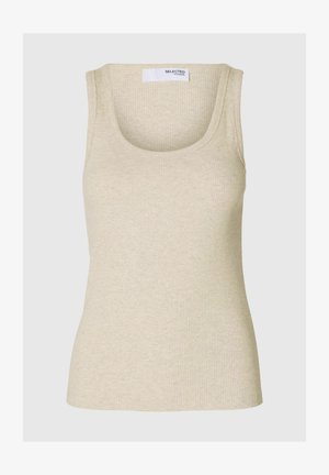 Top a canottiera beige a coste con scollo rotondo e spalline larghe. Realizzato in tessuto morbido, presenta una silhouette aderente.