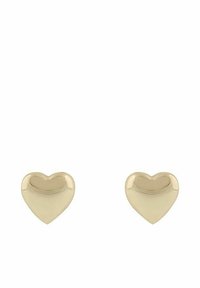 Guld hjärtformade studörhängen med en jämn, glänsande yta och rundade kanter, med en minimalistisk design och reflektiv finish.