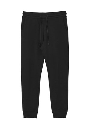 Pantaloni jogger neri realizzati in morbido tessuto, con cintura elastica e cordino, tasche laterali e polsini a coste.