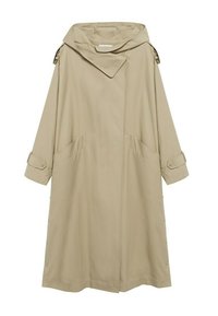 Manteau long beige avec capuche, deux poches avant, boutons-pression aux poignets et à l'ourlet, au design épuré et minimaliste.