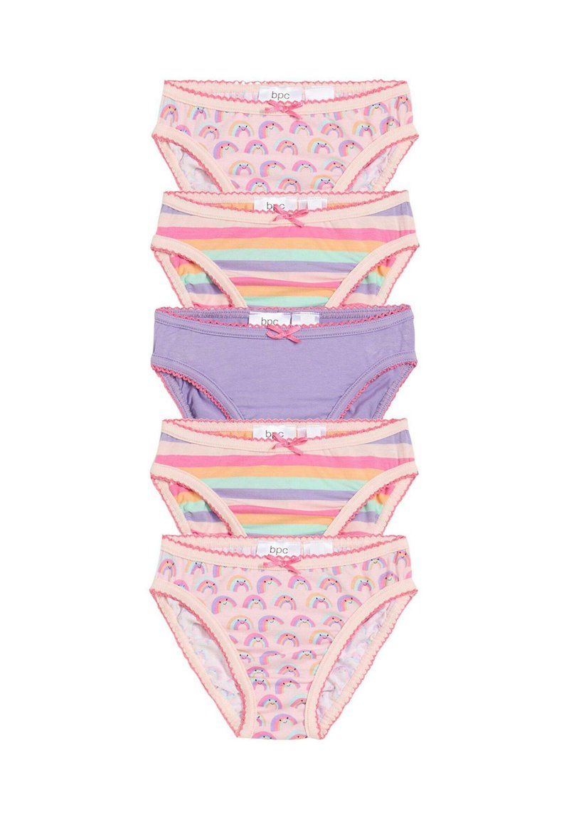 Set di sei mutandine di cotone per ragazze; presenta colori come il rosa e il viola, fantasie di arcobaleni e righe, rifinite con pizzo e fiocchi.