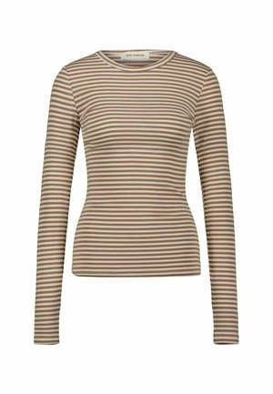 Chemise à manches longues, coupe slim, rayures horizontales beige et blanches, col rond.