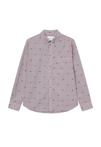 Camisa de manga larga a rayas rojas y blancas con pequeño bordado floral, cierre de botones en la parte delantera, bolsillo en el pecho y puños abotonados. Tejido de algodón.