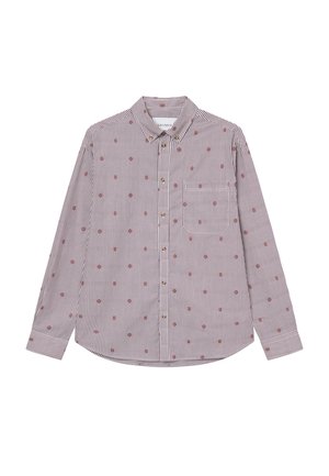 Rød og hvit stripete langermet skjorte med små blomsterbroderier, knapplukking foran, brystlomme og med knappede mansjetter. Bomullsstoff.