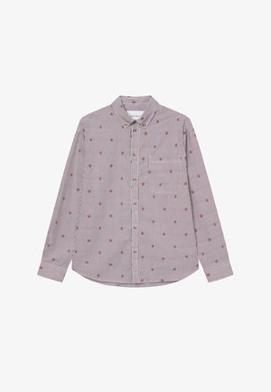 Czerwona i biała w paski koszula z długim rękawem z małym haftem kwiatowym, zapięcie na guziki, kieszonka na piersi i mankiety zapinane na guziki. Materiał bawełniany.