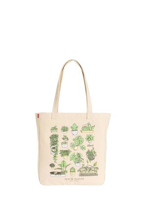 Torba z płótna z ilustracjami różnych zielonych roślin doniczkowych oraz tekstem "HOUSE PLANTS" na dole, na środku.