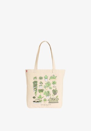 Torba z płótna z ilustracjami różnych zielonych roślin doniczkowych oraz tekstem "HOUSE PLANTS" na dole, na środku.