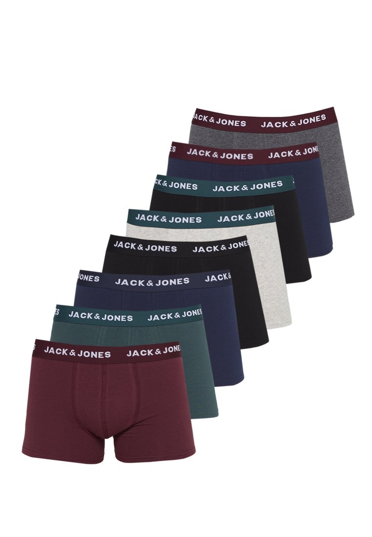 Ocho pares de calzoncillos tipo bóxer para hombres en varios colores, cada uno con una cinturilla de marca que dice "JACK & JONES."