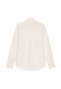 Ανδρικό πουκάμισο με μακριά μανίκια σε ανοιχτό κρεμ χρώμα, κατασκευασμένο από υφασμάτινη υφή με γιακά που κλείνει με κουμπιά και κουμπιά στα μανίκια. Διαθέτει πιέτα στο κέντρο της πλάτης.