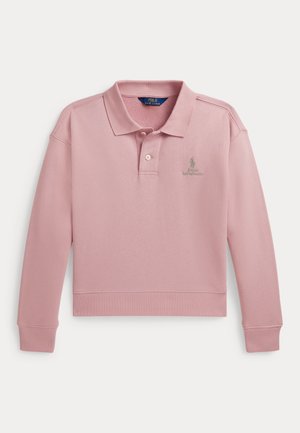 Polo rose à manches longues avec col, deux boutons, poignets et bas côtelés, et petit logo Polo Ralph Lauren brodé sur la poitrine.