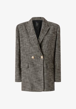 Dubbelzijdige blazer van gestructureerde donkergrijze stof met gouden knopen en twee voorzakken, voorzien van een klassieke revers en een relaxte pasvorm.