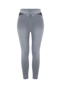 Leggings grises de cintura alta con una tela suave, que presentan detalles recortados en la cintura y un diseño ajustado de largo hasta el tobillo.