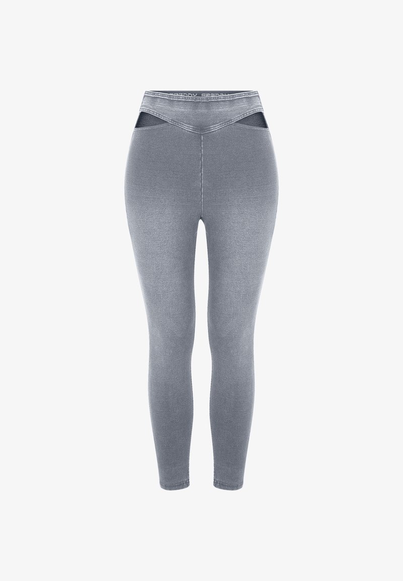 Leggings grises de cintura alta con una tela suave, que presentan detalles recortados en la cintura y un diseño ajustado de largo hasta el tobillo.