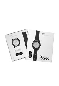 Montre connectée noire avec un cadran rond et un fond blanc, dans une boîte blanche avec le texte "Techmade Young", comprend un bracelet noir supplémentaire.