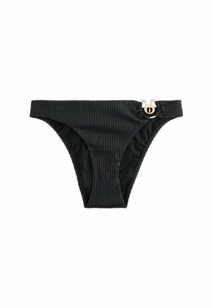 Sort ribbet bikiniunderdel med lav talje og en guldfarvet dobbelt ringdetalje på højre side af linningen.