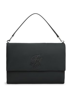 Must ristkülikukujuline käekott, millel on üks eemaldatav sang ja esiklapil reljeefne stiliseeritud "FH" logo.