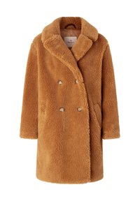 Podwójnie zapinany płaszcz z miękkiego, teksturowanego brązowego materiału, z dużym klapowym kołnierzem, kieszeniami po bokach i jasnymi guzikami.