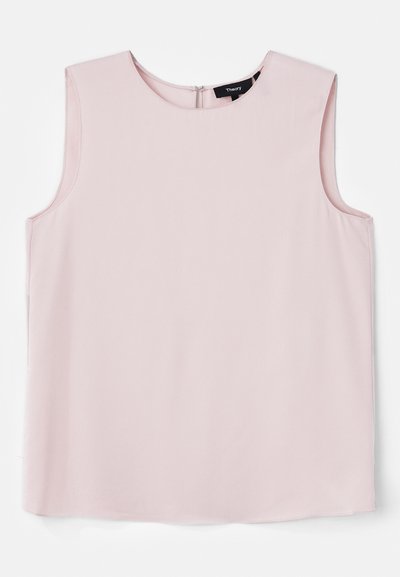 Világos rózsaszín, ujjatlan blúz kerek nyakkivágással és diszkrét hátzipzárral. Simább anyag, laza, dobozos fazonnal.