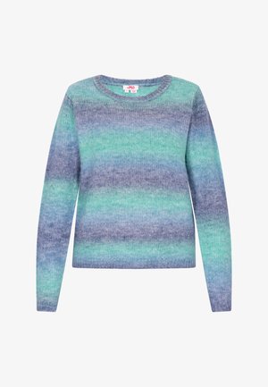 Suéter hecho de punto texturizado, con rayas horizontales en tonos de verde azulado y púrpura. Cuello redondo clásico y mangas largas.