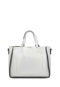 Handtasche aus silbernem, strukturiertem Leder mit doppelten Griffen, schwarzem Besatz und einer rückseitigen Tasche. Strukturierter Entwurf, der sich für den täglichen Gebrauch eignet.