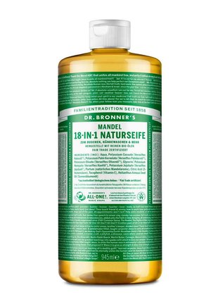Dr. Bronner’s flüssige, natürliche Seife mit Mandelduft, 18-in-1, 945 ml Flasche, gekennzeichnet für Duschen und Händewaschen, hergestellt mit Bio-Ölen und Fairtrade-zertifiziert.